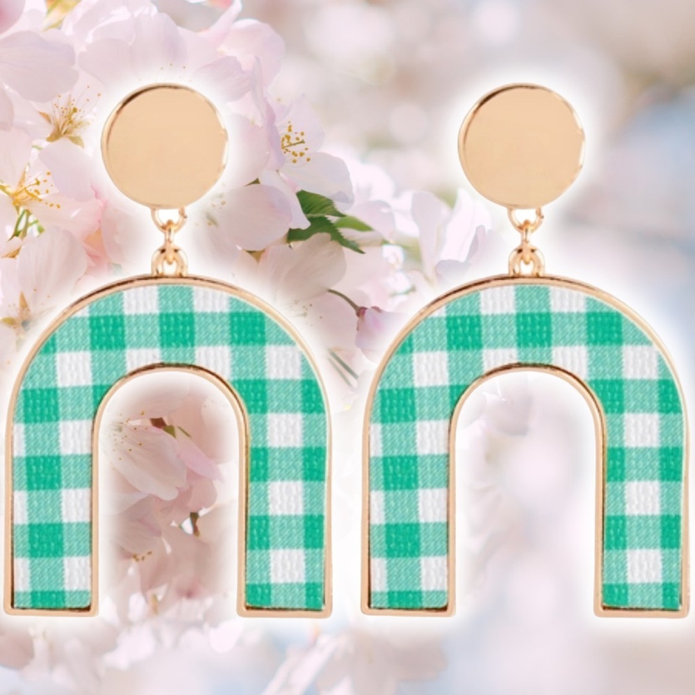 NEW Gold & Green Checkered Print U Shape Drop Earrings